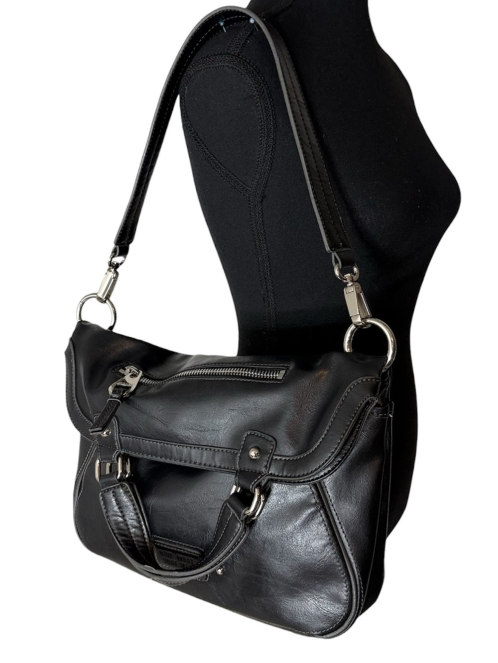 NINE WEST Black Faux Leather Convertible Shoulder Handbag Fold Over Clutch
